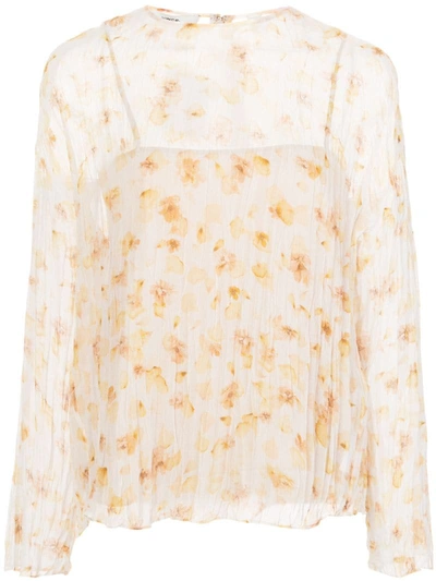 Vince Floral-print Crinkled Blouse In Yellow