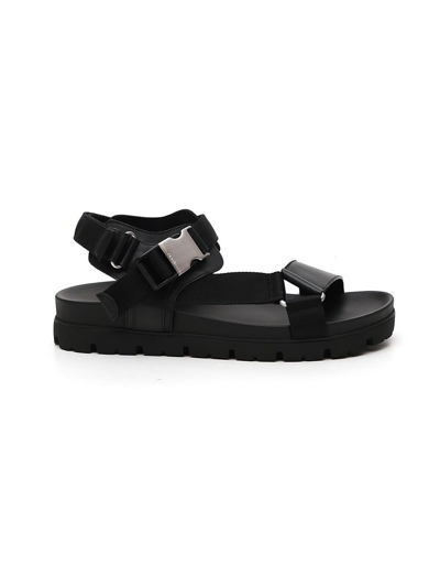 Prada Leather And Woven Tape Sandals In Black