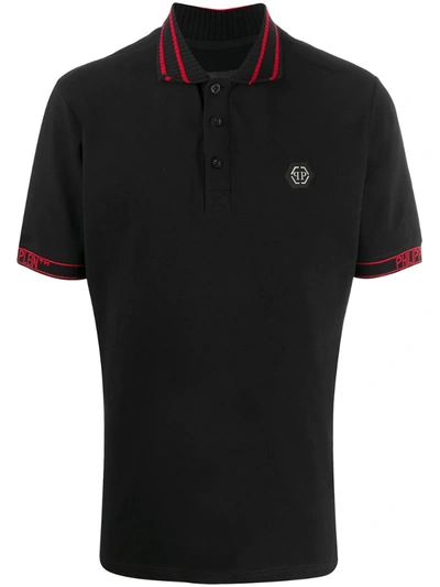 Philipp Plein Logo Cuffed Ribbed Cotton Polo Shirt In Black