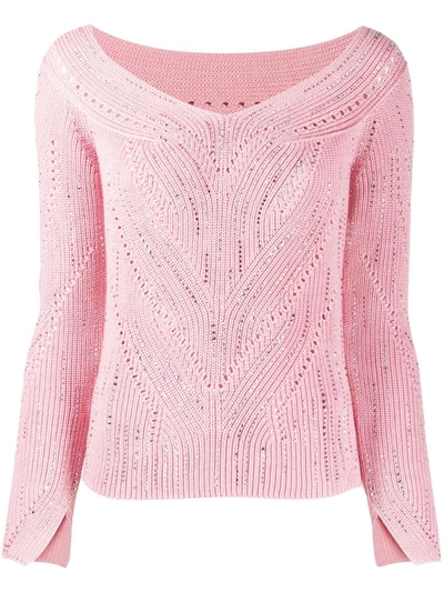 Ermanno Scervino Chunky Knit Studded Detail Jumper In Pink