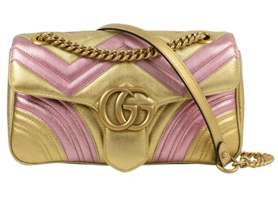 Pre-owned Gucci  Marmont Matelasse Shoulder Bag Gg Metallic Medium Gold/pink