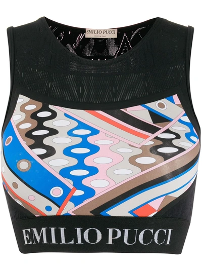 Emilio Pucci Printed Sports Bra W/logo Band In Black