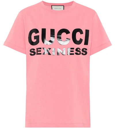 Gucci Logo印花纯棉平纹针织t恤 In Pink