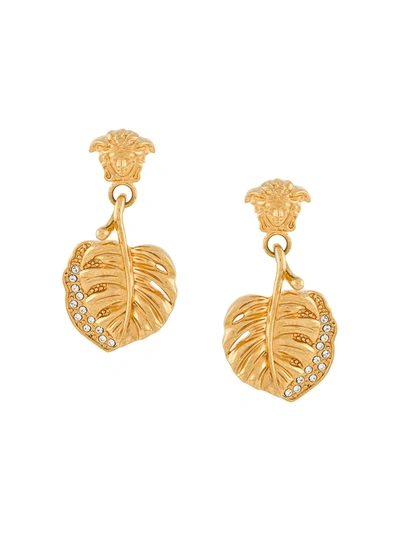 Versace Embellished Leaf Pendant Earrings In Gold