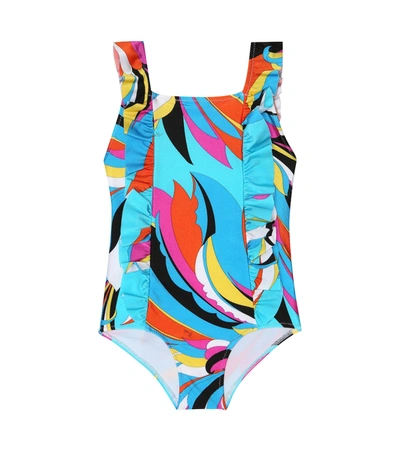 Emilio Pucci Kids' Printed Lycra One Piece Swimsuit In Blue