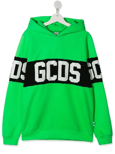 Gcds Kids' Logo Print Cotton Sweatshirt Hoodie In Green