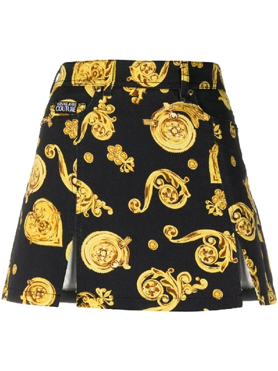 Versace Jeans Couture Printed Cotton Denim Mini Skirt In Black