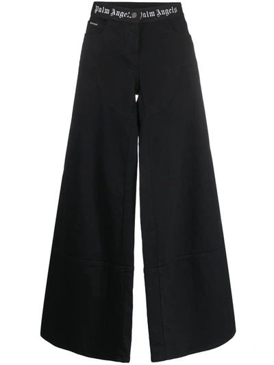 Palm Angels Monogram-pattern Wide-leg Trousers In Black