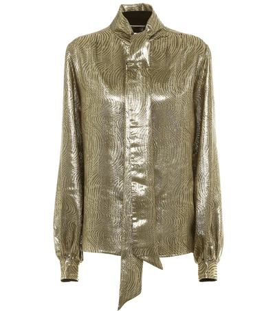 Saint Laurent Silk Shirt With Lamé Waves In Gold