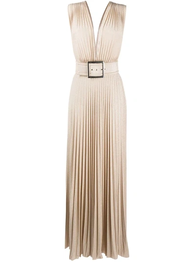 Elisabetta Franchi Pleated Dress With Belt In Beige Lam In Gold | ModeSens
