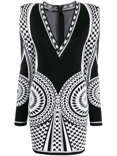 Balmain Two-tone Geometrical Knitted Dress In Black