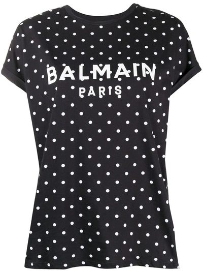 Balmain Cotton Logo Print Polka Dot T-shirt In Black