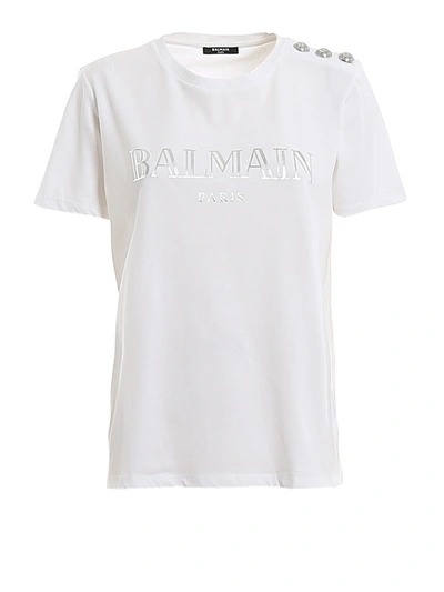 Balmain White Cotton Buttoned Logo Print T-shirt