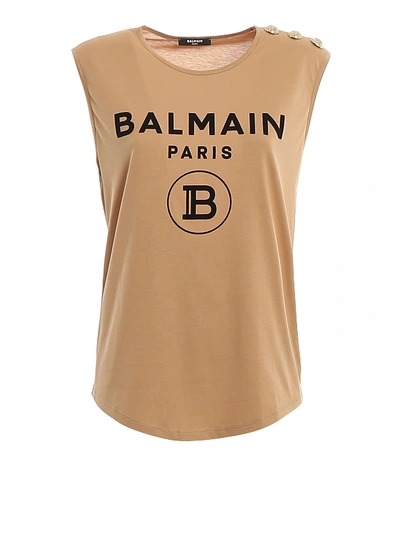 Balmain Cotton Buttoned Logo Print Top In Camel