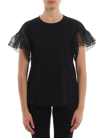 Alberta Ferretti Embroidered Silk Sleeve T-shirt In Black