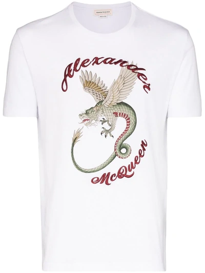 Alexander Mcqueen Dragon-embroidered Cotton T-shirt In Bianco