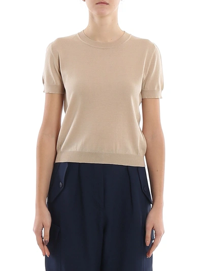 Alberta Ferretti Knitted Cropped T-shirt With Ribbed Edges In Beige