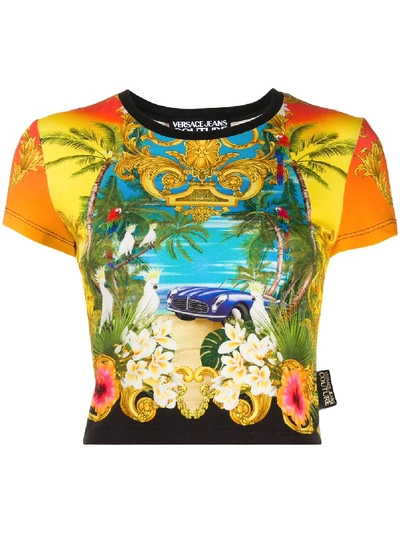 Versace Jeans Couture Tropical Printed Jersey Cropped T-shirt In Yellow