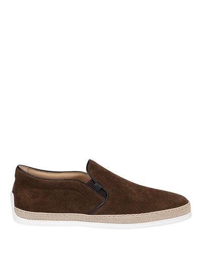 Tod's Brown Perforated Suede Slip-ons