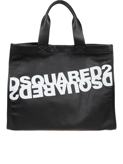 Dsquared2 Mirrored Logo Leather Shopper In Black