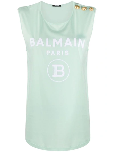 Balmain Logo Print Light Blue Cotton Tank Top In Green
