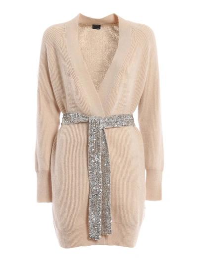 Pinko Granche Sequined Fishermans Rib Cardigan In Light Pink