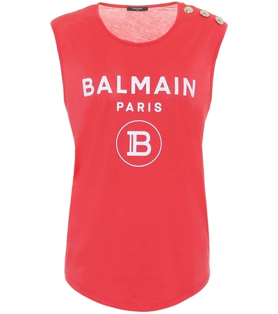 Balmain Red Cotton Buttoned Logo Print Top