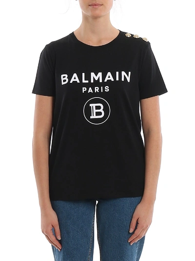 Balmain Logo Print Cotton T-shirt With Golden Buttons In Black