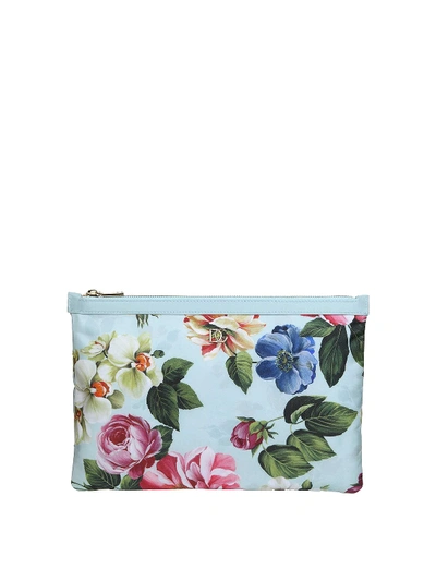 Dolce & Gabbana Tropical Rose Printed Nylon Pouch In Light Blue