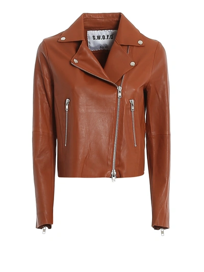 Sword 6.6.44 Cropped Biker Style Jacket In Brown