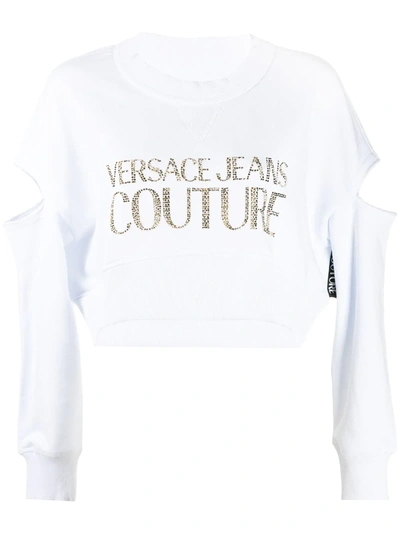 Versace Jeans Couture Rhinestone Logo Cropped Sweatshirt In White