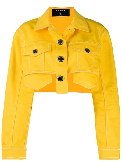 Balmain Cropped Denim Jacket In Yellow