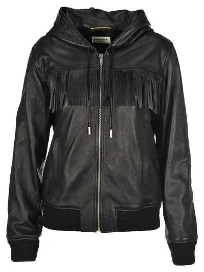 Saint Laurent Fringed Detail Hooded Drawstring Jacket In Black