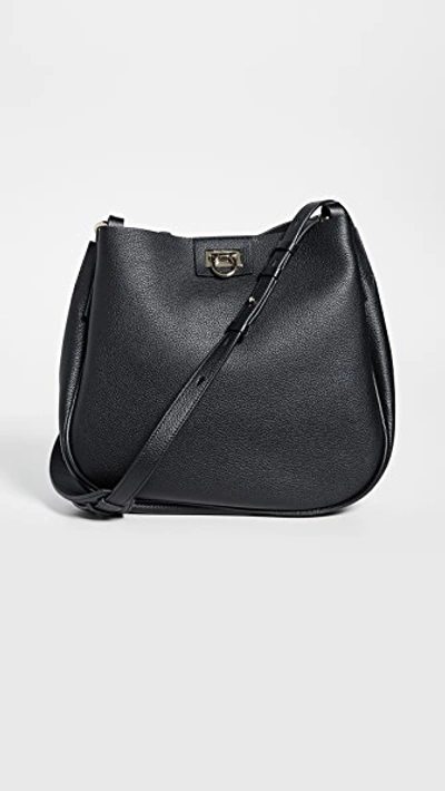Ferragamo Medium Reverse Leather Hobo Bag In Black