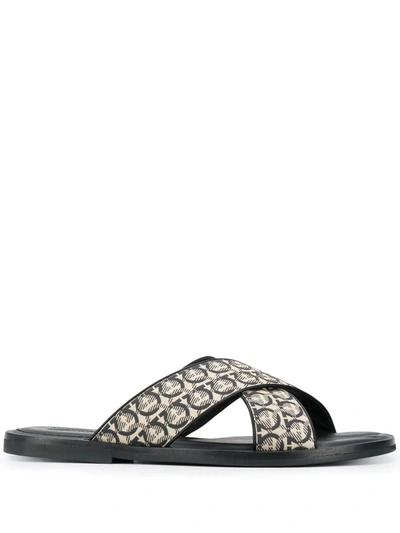 Ferragamo Men's Sion 3 Gancio-print Slides In Beige,grey