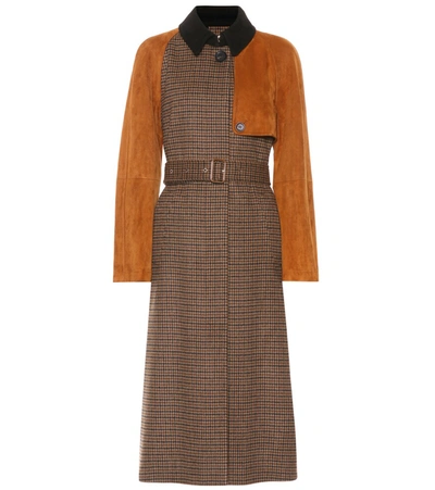 Ferragamo Belted Check Wool & Suede Trench Coat In Brown