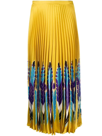 Valentino Feather Print Pleated Midi Skirt In Yellowmulticolor