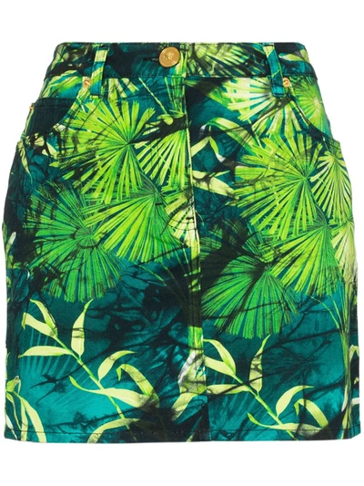 Versace Printed Denim Mini Skirt In Green