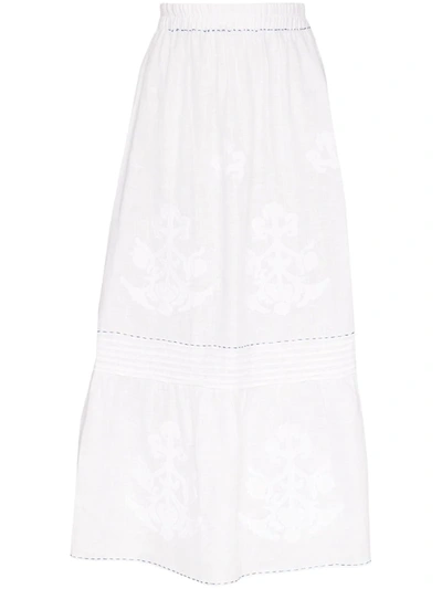 Vita Kin Daisy Embroidered Linen Midi Skirt In White