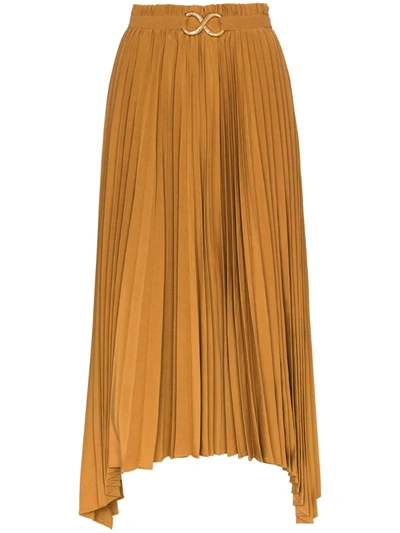 Rejina Pyo Asymmetric Pleated Satin-twill Midi Skirt In Caramel