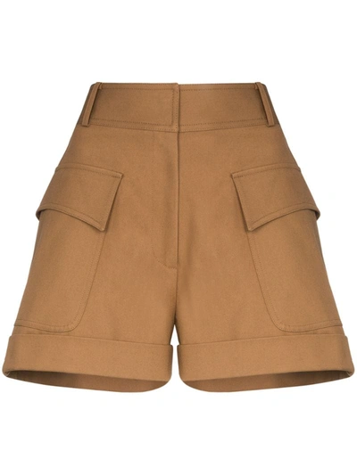 Victoria Beckham High Waist Pocket Cotton Shorts In Brown