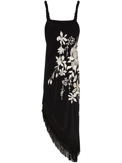 Johanna Ortiz Focus And Flower Fringed Asymmetric Midi Dress In Black