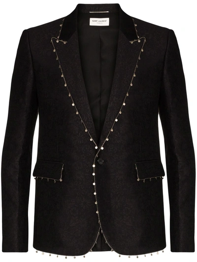 Saint Laurent Embellished-trim Floral-jacquard Blazer In Black