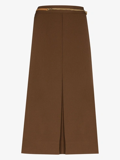 Victoria Beckham Chain Belt Pleated Midi Skirt In Brown