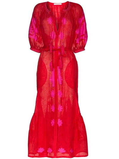 Vita Kin Shalimar Belted Embroidered Linen Midi Dress In Red