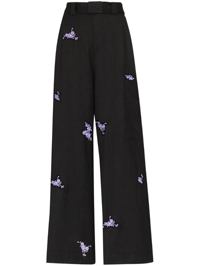 Ganni Floral-embroidered Trousers In Grey