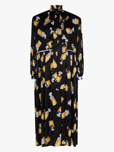 Balenciaga Printed Oversized Ruffle Silk Maxi Dress In Black