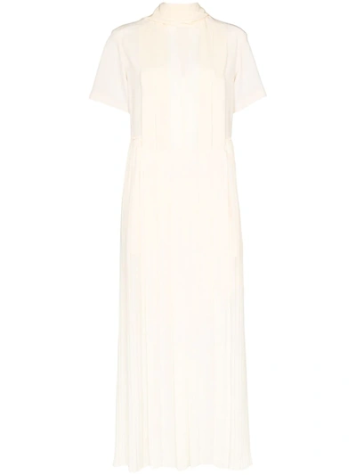 Chloé Pleated Tie Neck Silk Maxi Dress In Neutrals