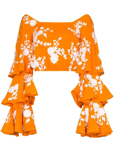 All Things Mochi Giannah Ruffled Floral-embroidered Blouse In Orange