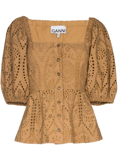 Ganni Broderie Anglaise Puff-sleeve Button-down Top In Beige